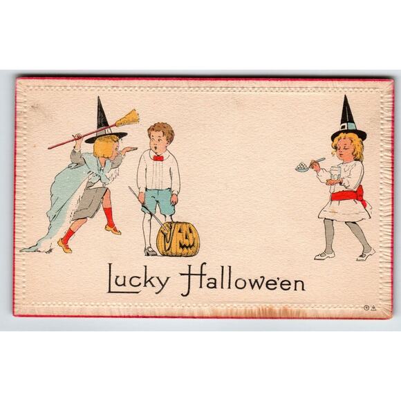 Halloween Postcard Children Girls Witch Hat JOL Pumpkin Broom Nash 8A Unposted - Picture 2 of 3